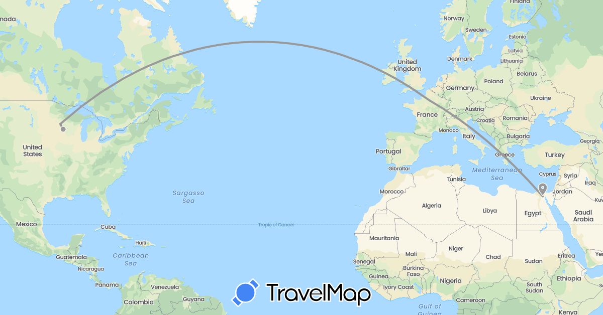 TravelMap itinerary: driving, plane in Egypt, France, United States (Africa, Europe, North America)
